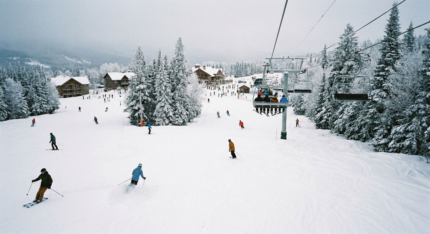 Skiers and snowboarders carve down wide, snow-covered runs at a North American ski resort in mid-winter, with a chairlift carrying people uphill and snow-laden evergreen trees along the slopes.