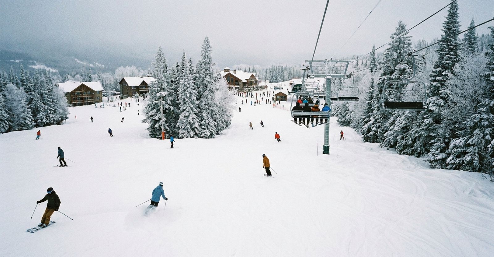 Skiers and snowboarders carve down wide, snow-covered runs at a North American ski resort in mid-winter, with a chairlift carrying people uphill and snow-laden evergreen trees along the slopes.