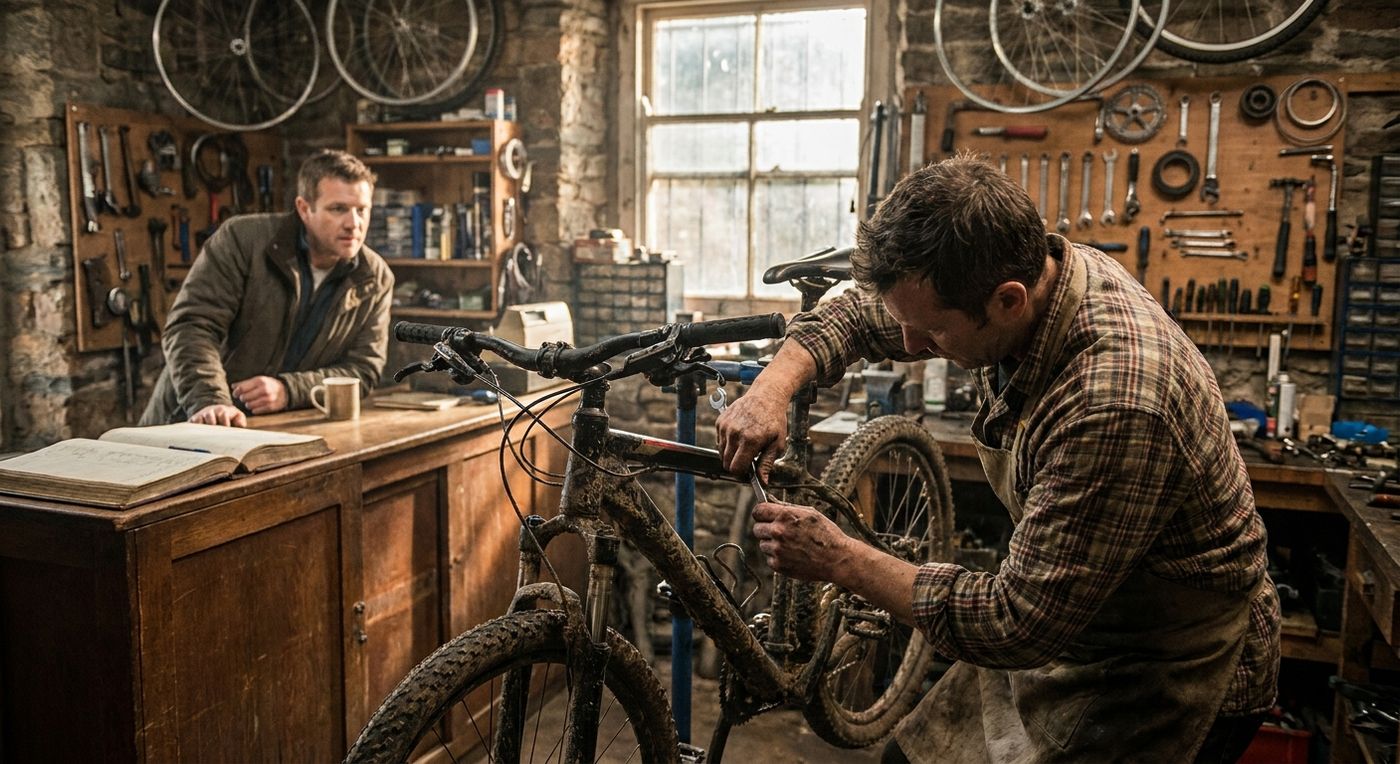 A bike mechanic works on a mountain bike in a busy workshop while a customer waits at the service counter surrounded by wheels and tools