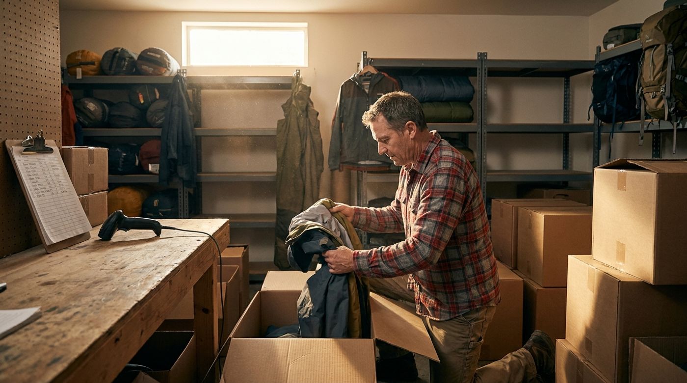 An outdoor retailer unboxes pre-season inventory in a stockroom stacked with boxes and half-filled shelves