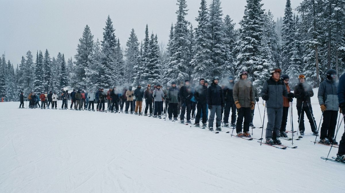 Skiers moving through a lift line in flat winter light