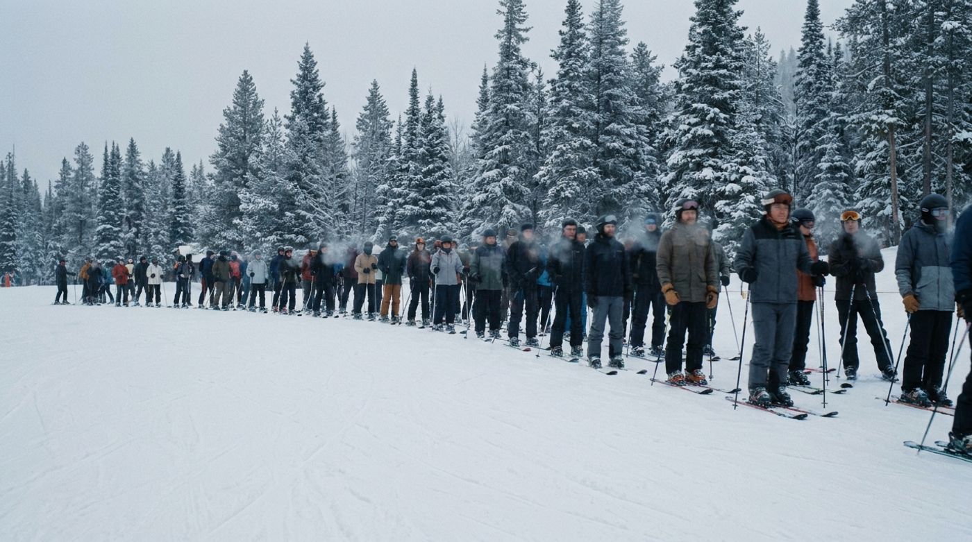 Skiers moving through a lift line in flat winter light