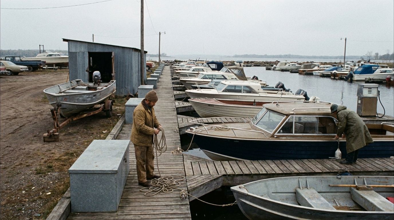 Overcast morning at a small working marina, with modest powerboats along a wooden dock, an aluminum fishing boat on a trailer beside a service shed, a fuel pump on the dock and two staff coiling lines and checking boats