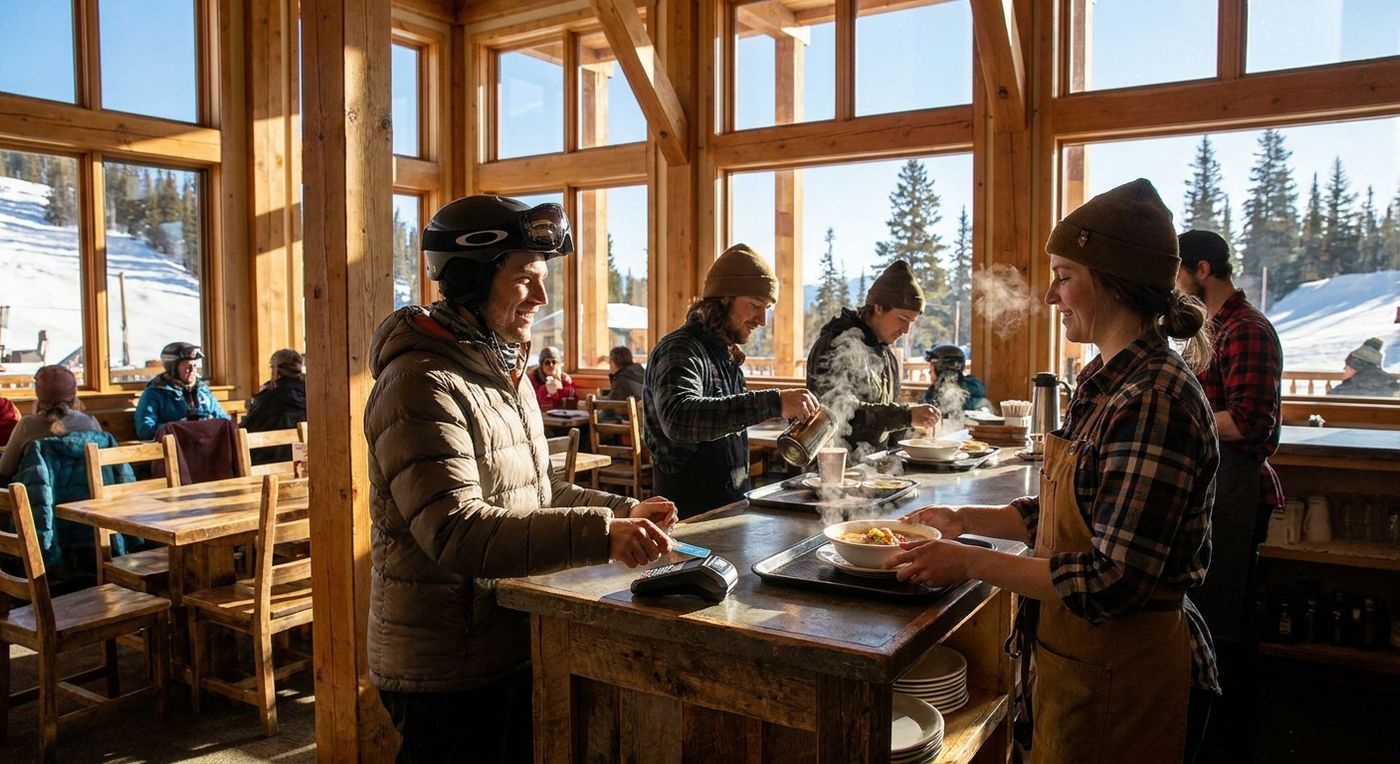Guests paying for lunch with a contactless card inside a mountain lodge restaurant