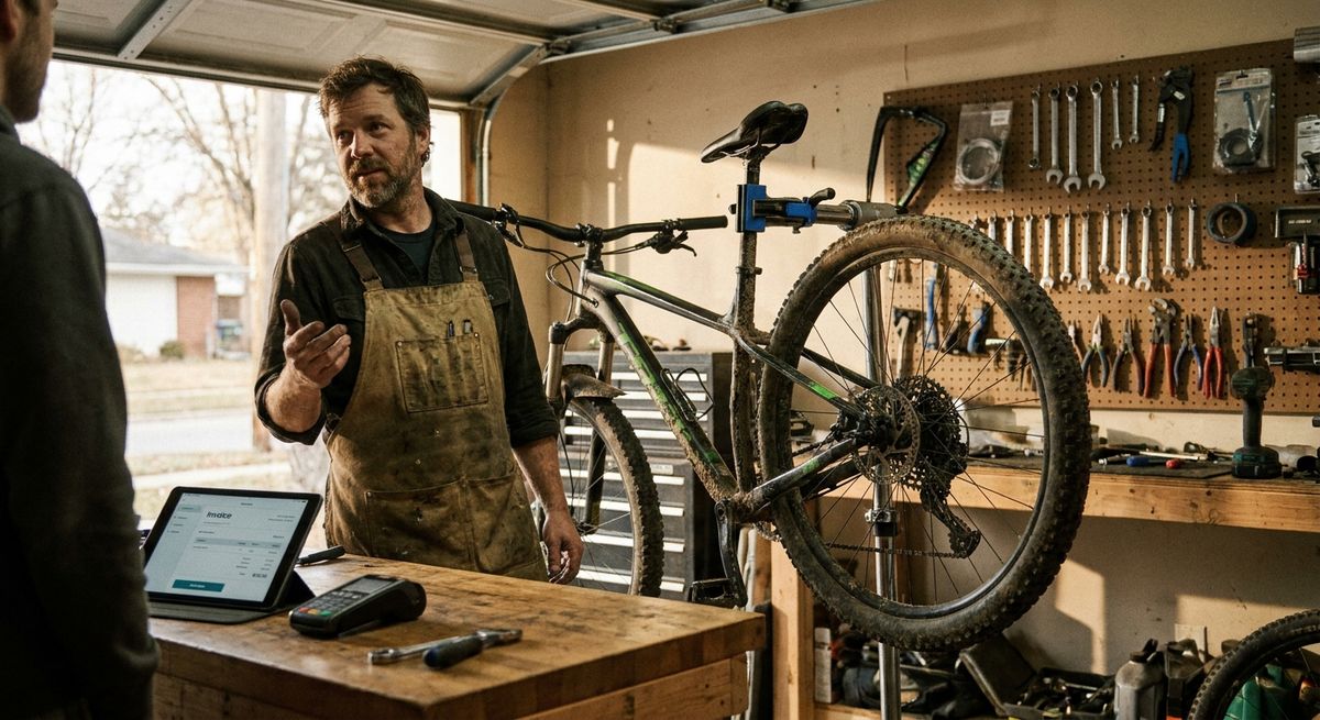 A mechanic at a bike shop service bench reviewing a repair estimate with a customer, a payment terminal resting on the counter