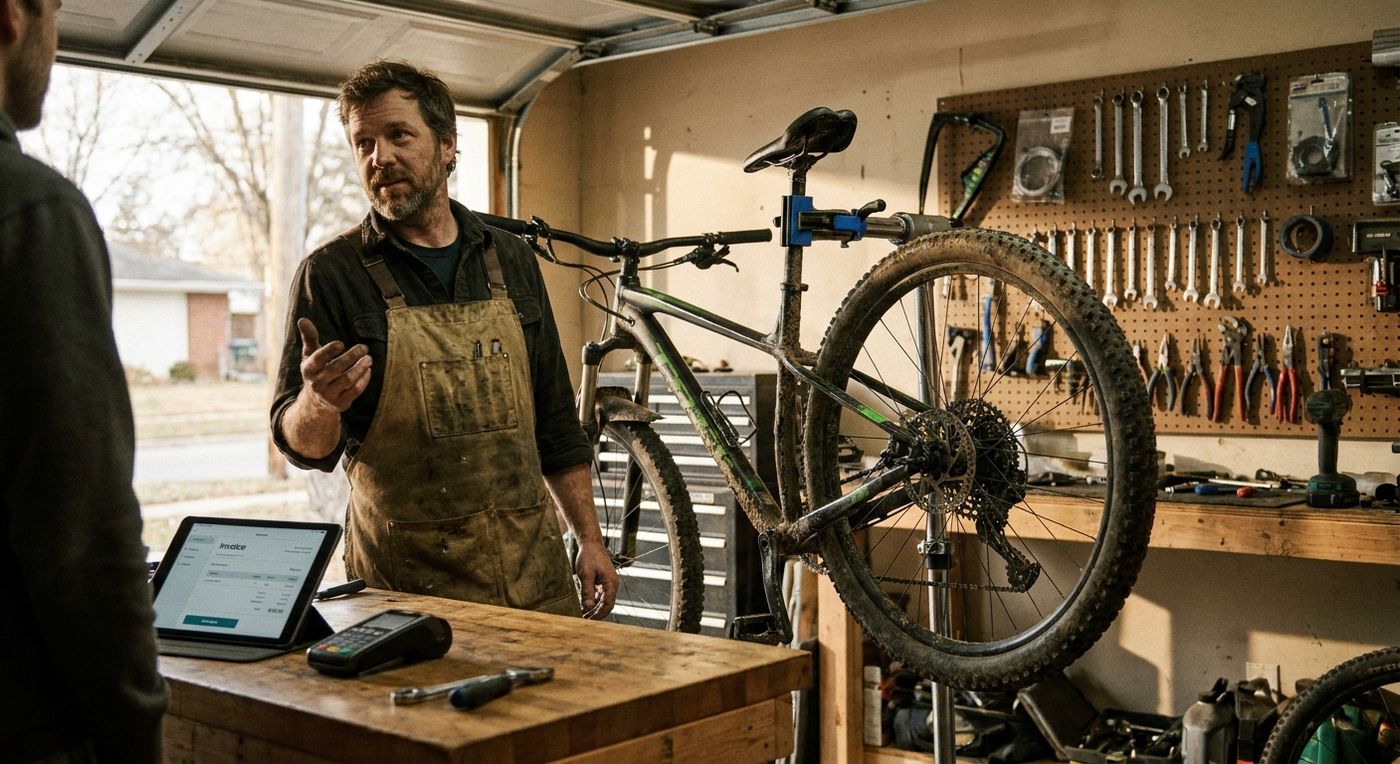 A mechanic at a bike shop service bench reviewing a repair estimate with a customer, a payment terminal resting on the counter