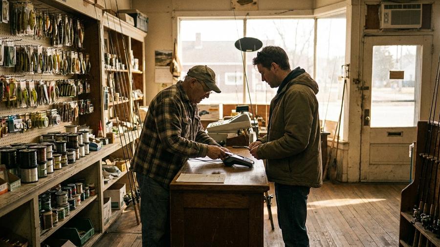 Two men at the wooden counter of a small tackle shop, one running a card payment beside pegboard walls of lures and rods