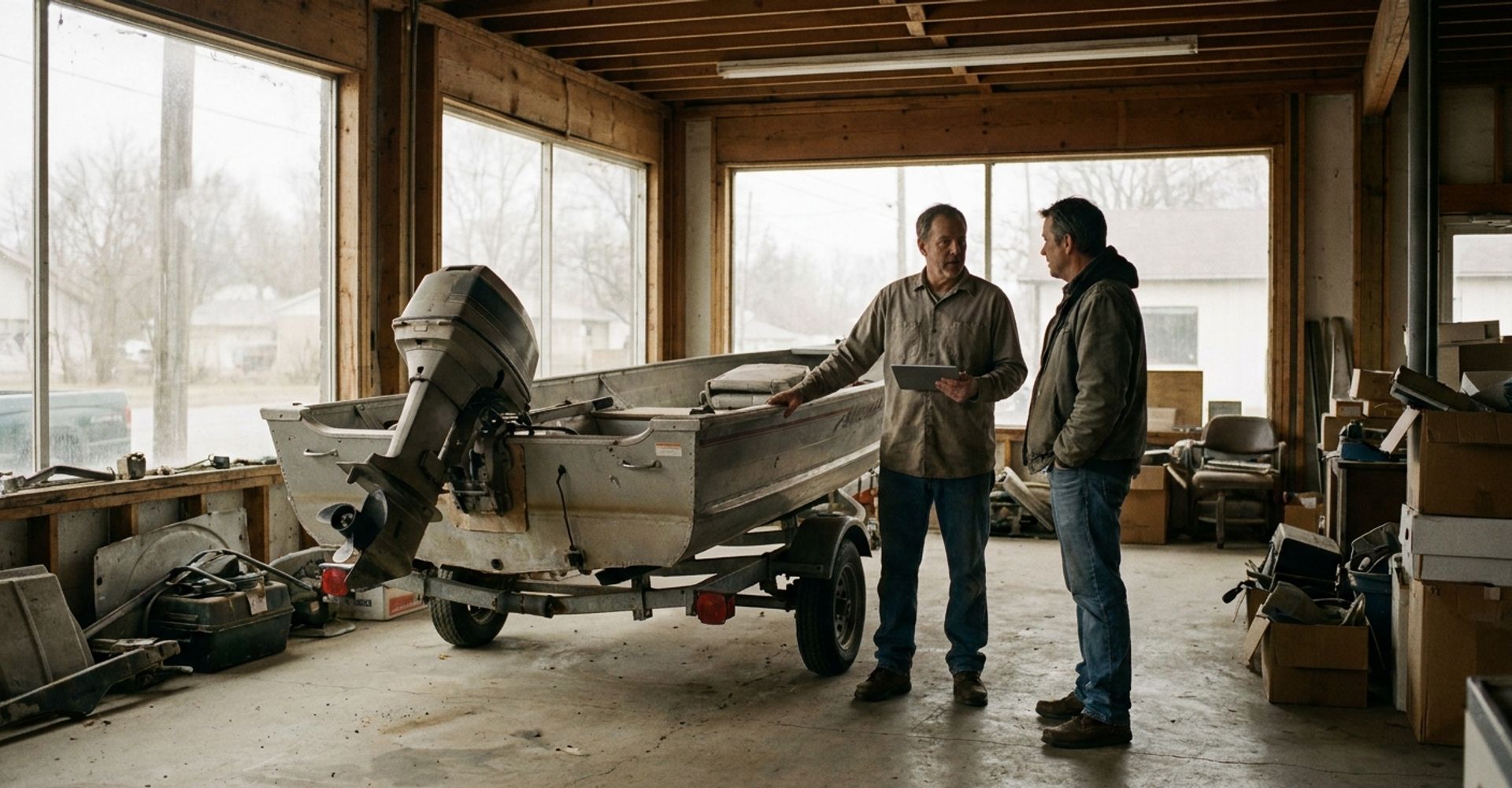 Salesperson and customer talking beside an outboard fishing boat inside a boat dealership showroom