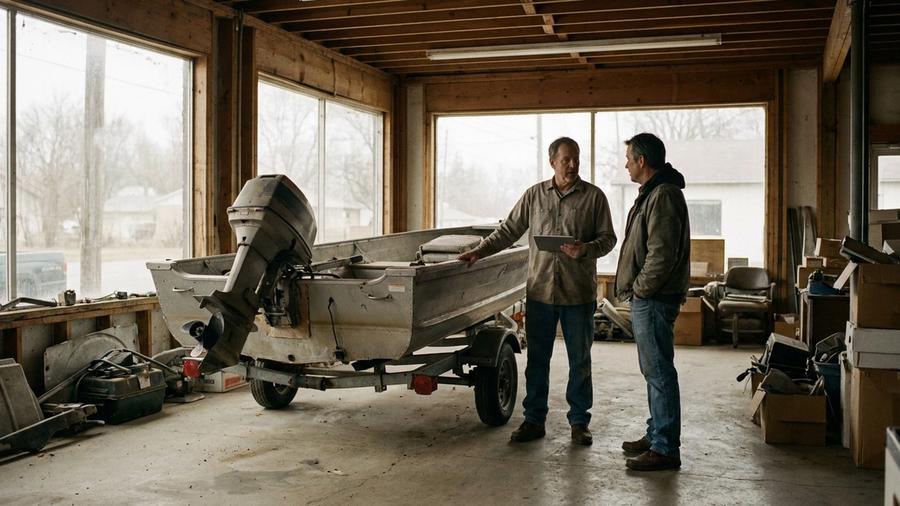 Salesperson and customer talking beside an outboard fishing boat inside a boat dealership showroom