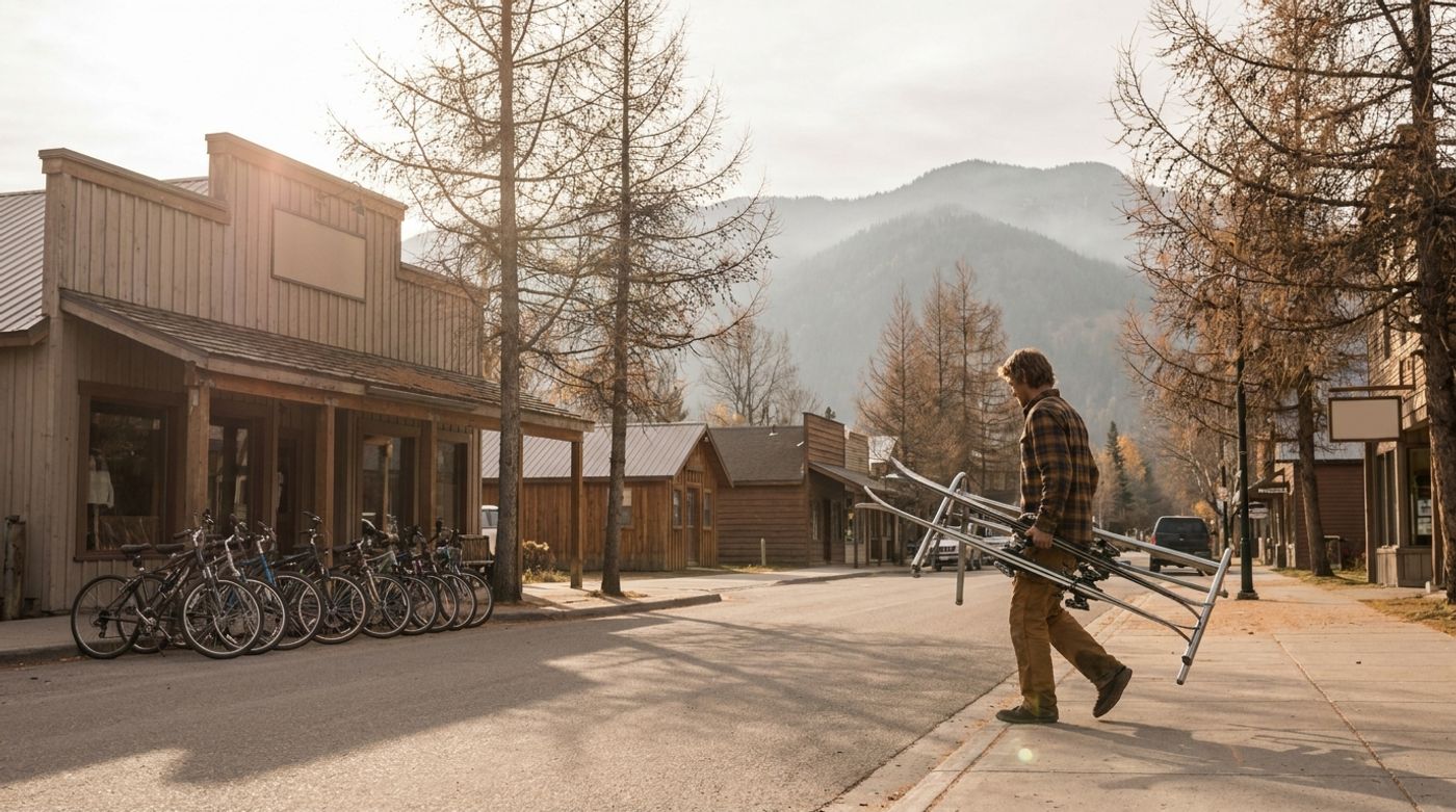 A shop employee carries a rack of rental skis past summer bikes on a quiet mountain-town street in shoulder season