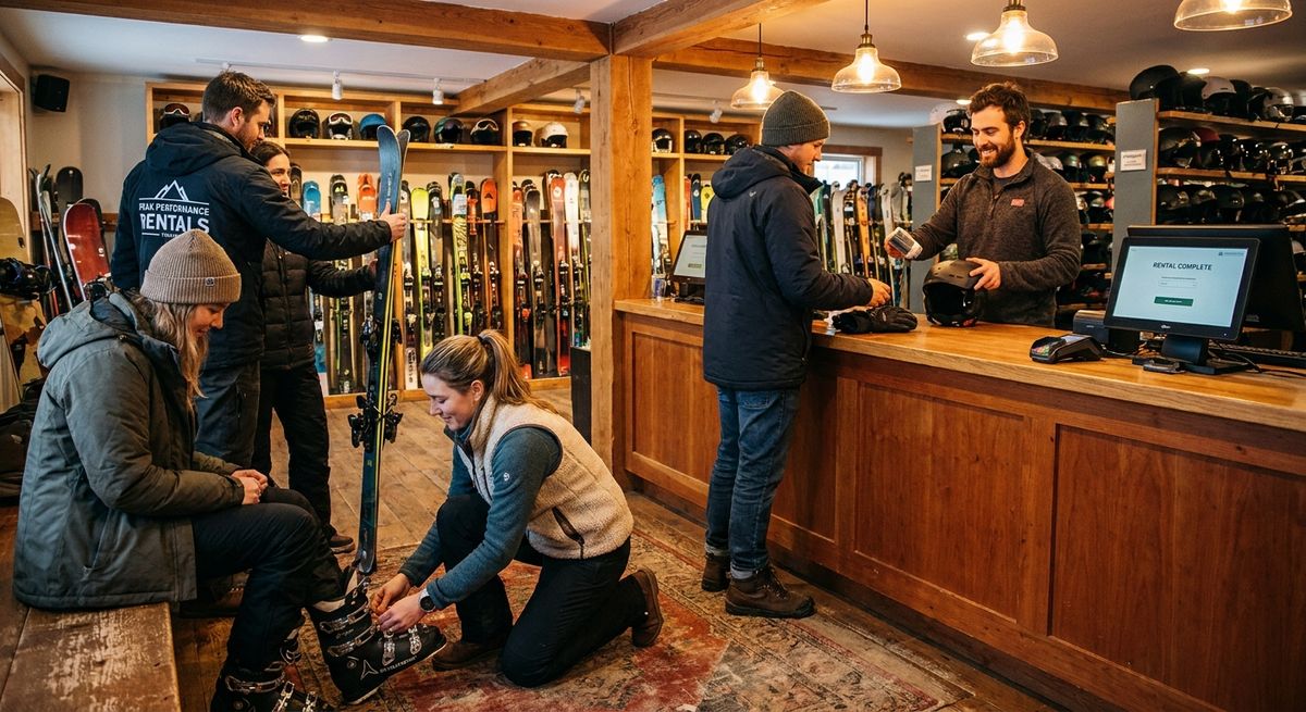 Ski rental shop staff fitting equipment for customers while completing checkout on an integrated POS