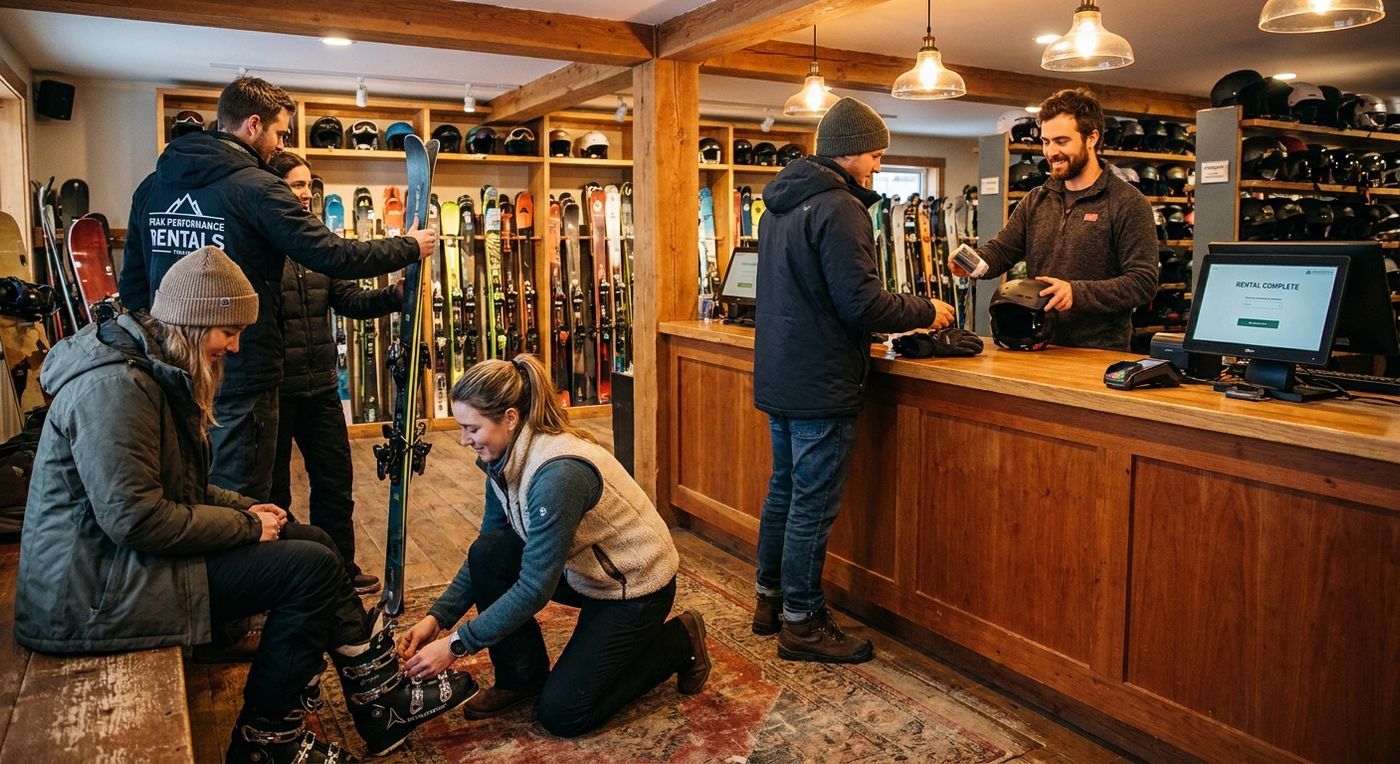 Ski rental shop staff fitting equipment for customers while completing checkout on an integrated POS