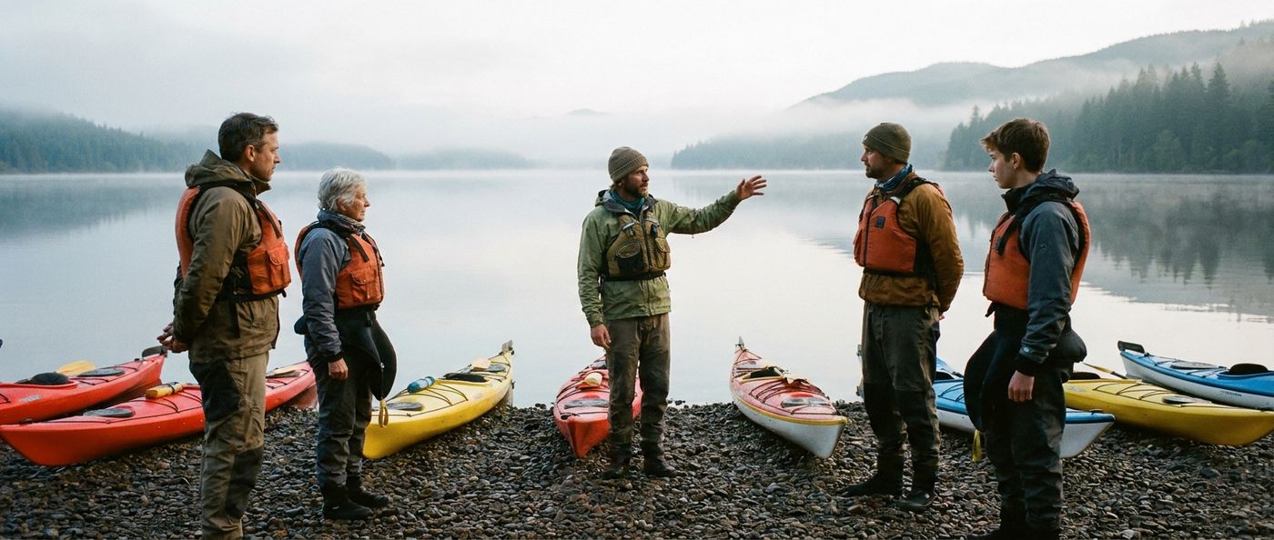 A guide briefs a small group of customers beside kayaks at a lake shore in the early morning, gesturing toward the water as they listen