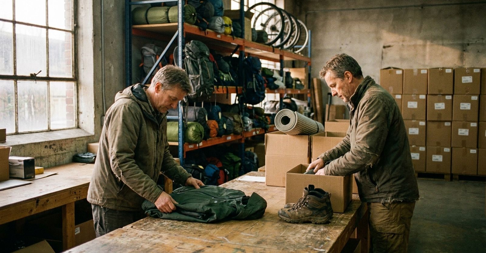Warehouse staff packing technical outdoor gear into shipping boxes at an outdoor brand's fulfilment bench