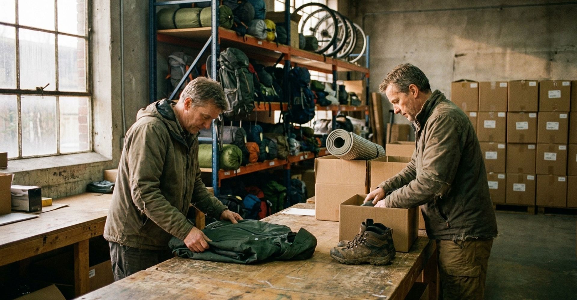 Warehouse staff packing technical outdoor gear into shipping boxes at an outdoor brand's fulfilment bench