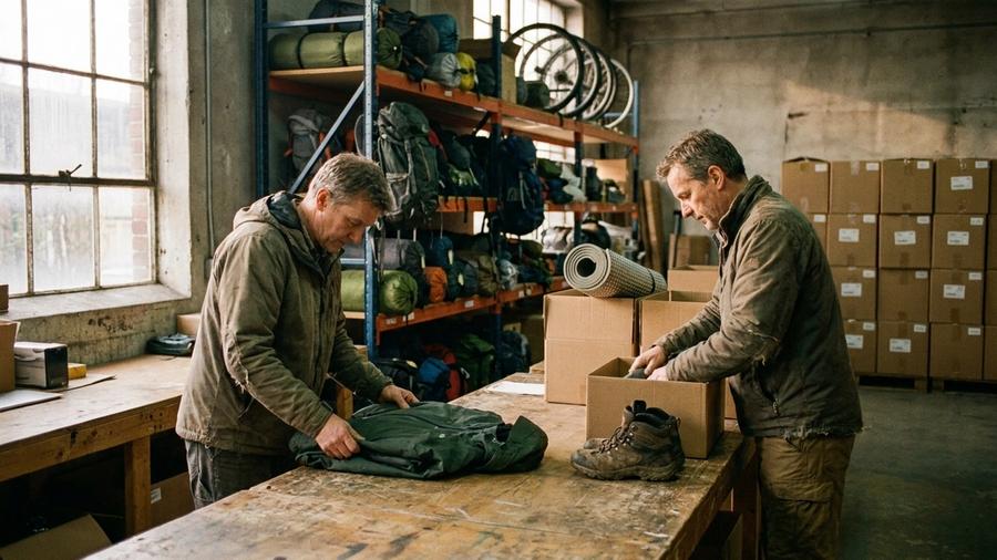 Warehouse staff packing technical outdoor gear into shipping boxes at an outdoor brand's fulfilment bench