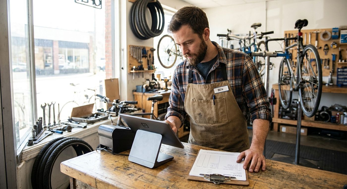 A bike shop employee completing a repair order while checking out accessories on a touchscreen POS