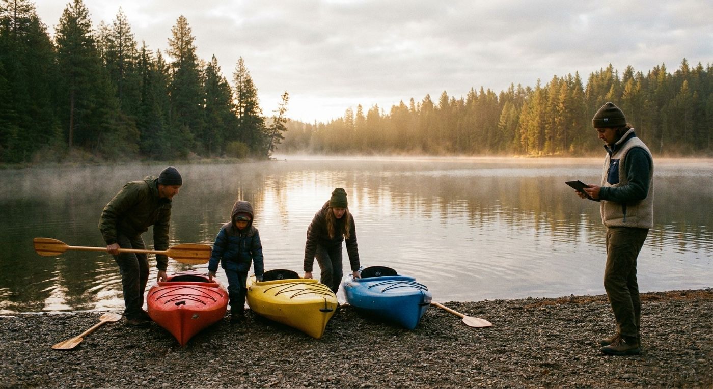 A family renting kayaks from a lakeside campground while staff complete the rental on a tablet