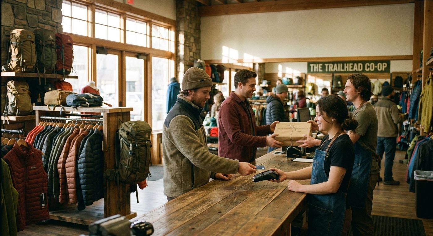 A customer purchasing hiking equipment at the counter while another collects an online order