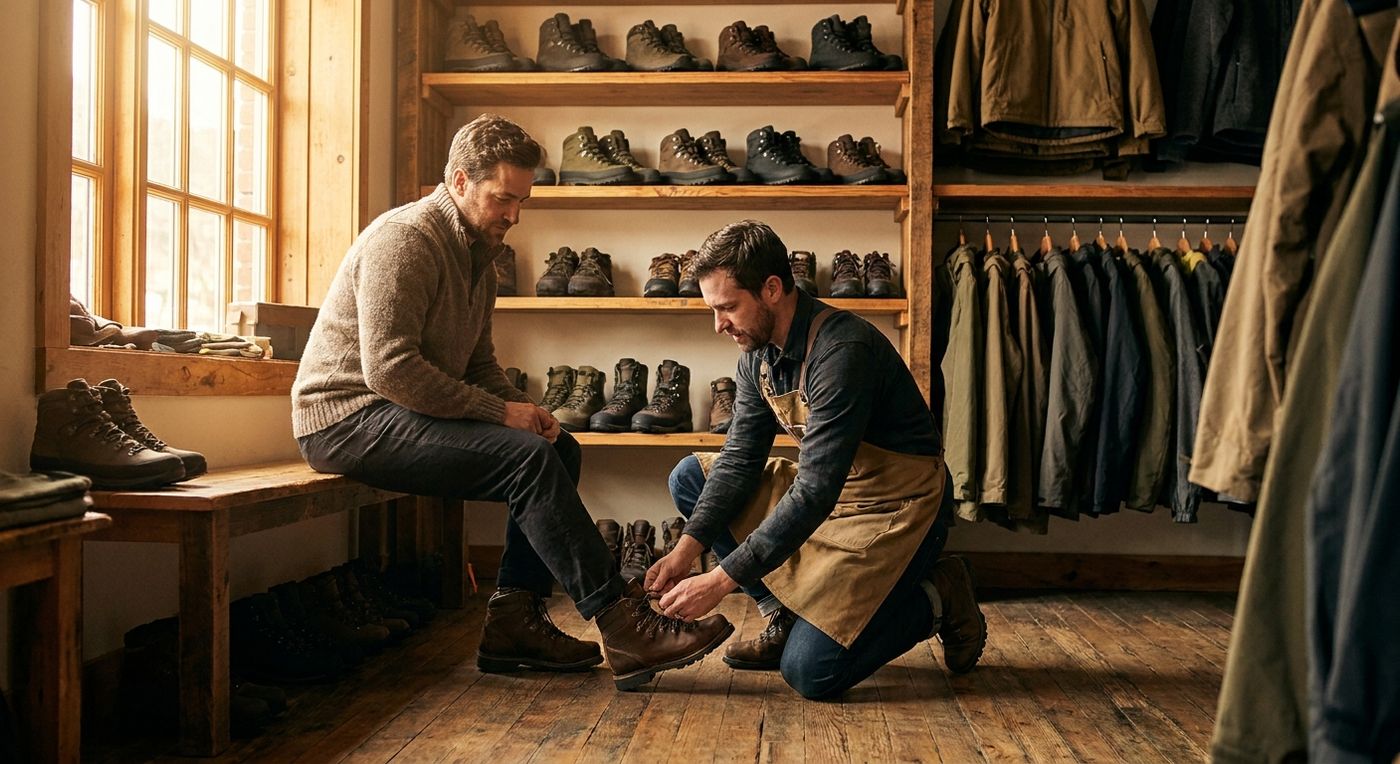 A staff member at an independent outdoor retailer helps a customer compare hiking boots in a warmly lit store filled with packs and jackets
