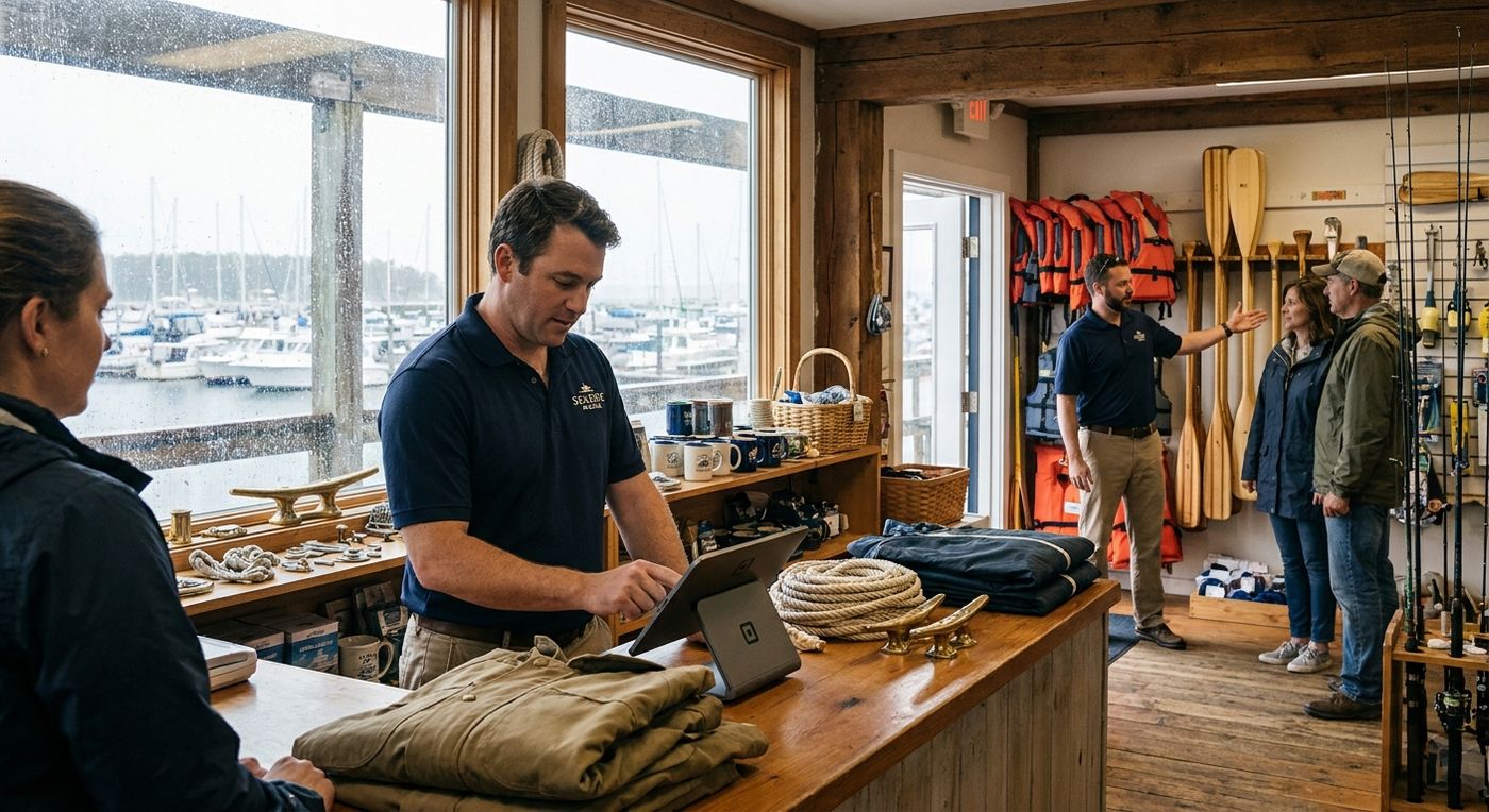 A marina store processing retail purchases while another employee helps customers rent equipment