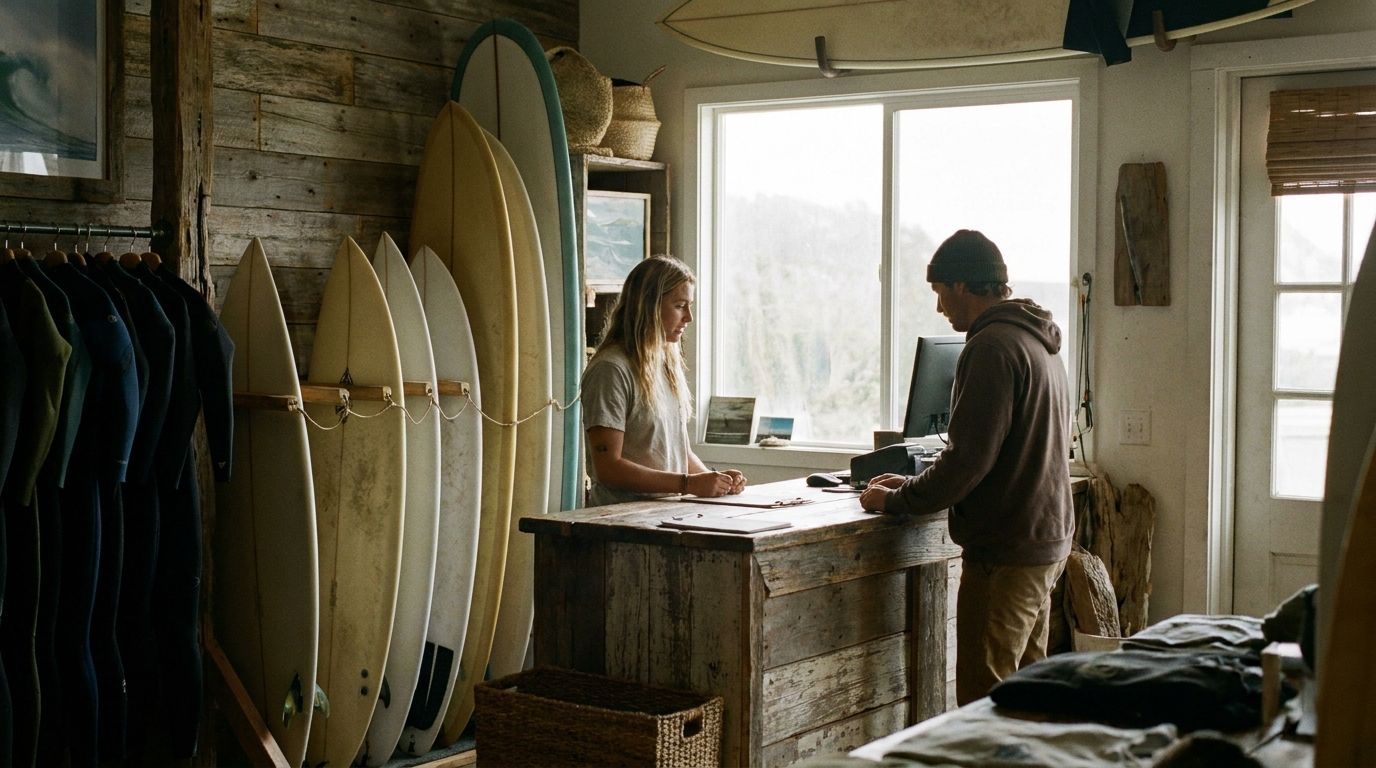 Staff member helping a customer at the counter of an independent coastal surf shop