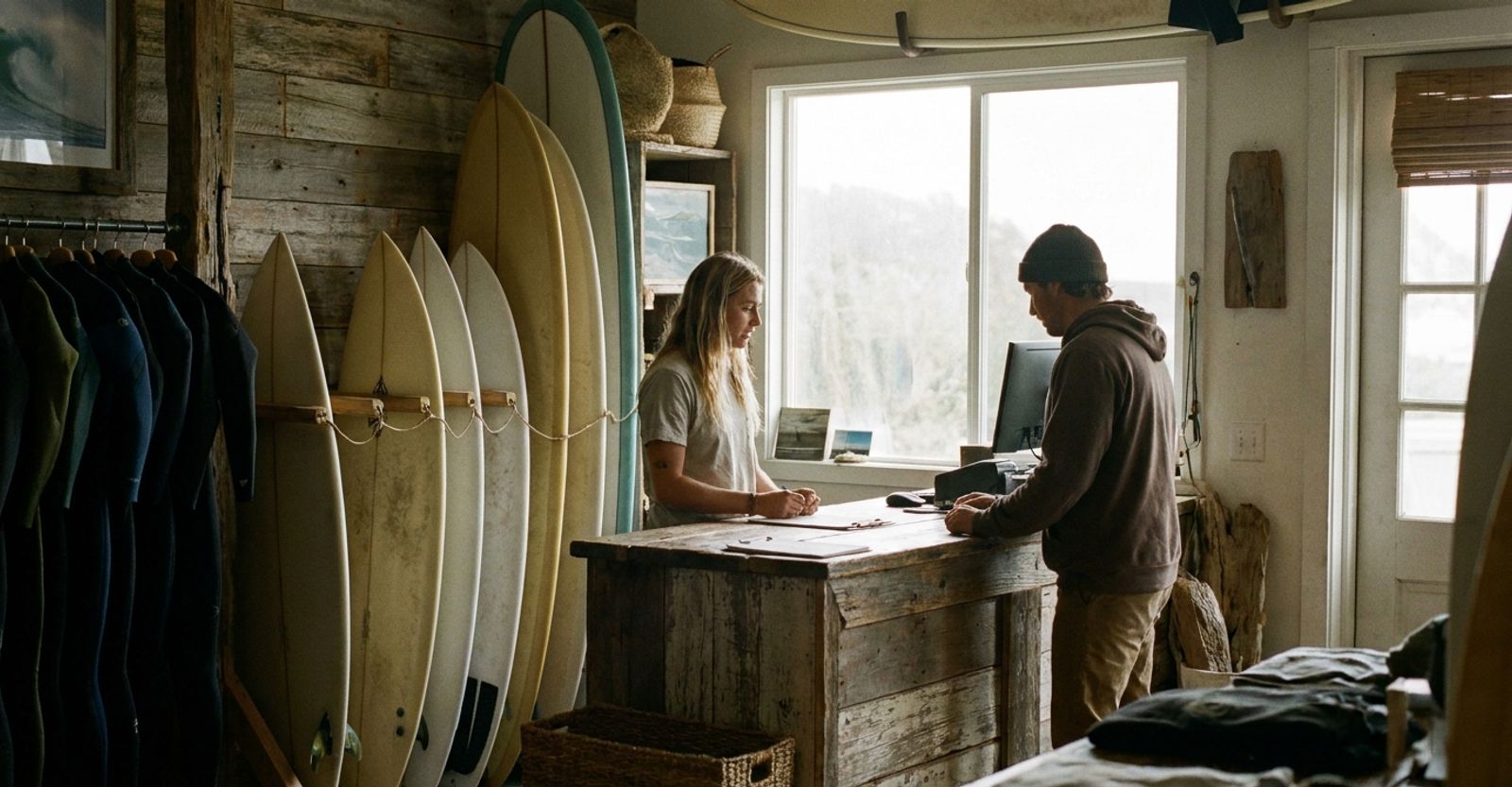 Staff member helping a customer at the counter of an independent coastal surf shop