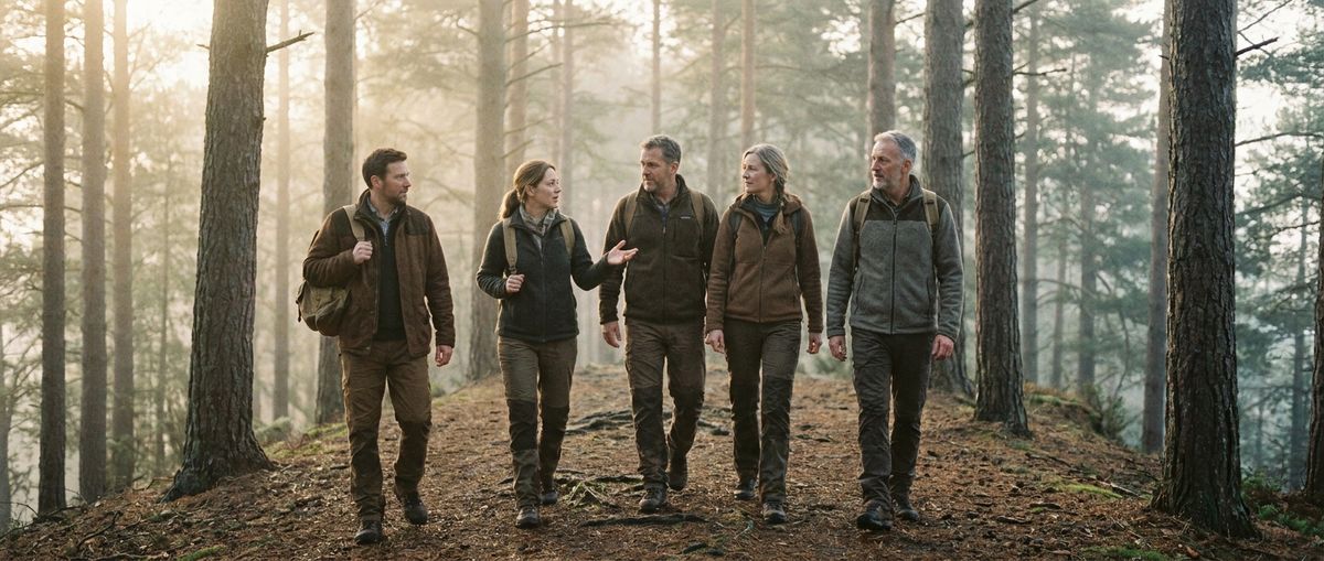 A small mixed-age group of friends hikes along a forested ridge trail in warm morning light, carrying daypacks and talking as they walk