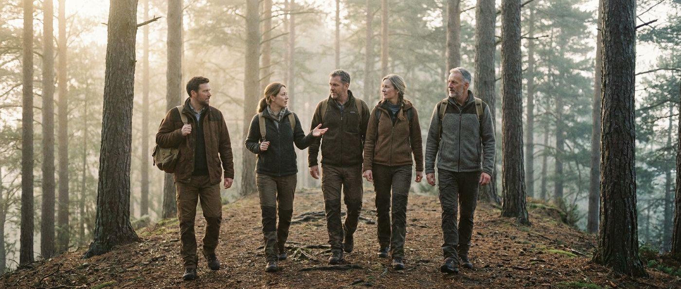 A small mixed-age group of friends hikes along a forested ridge trail in warm morning light, carrying daypacks and talking as they walk