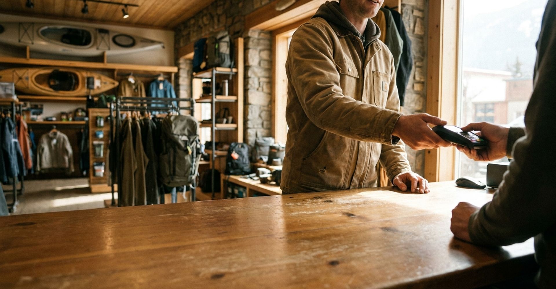 Staff member handing a card terminal across the counter of an independent outdoor gear shop