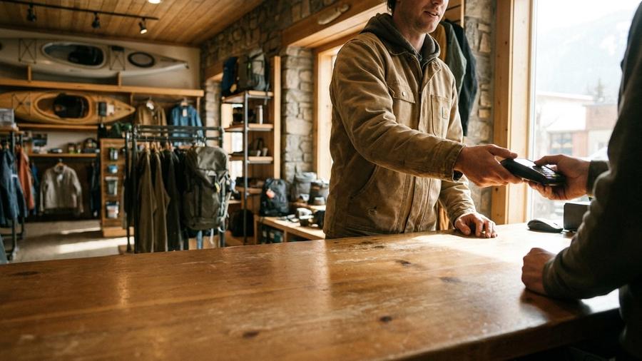 Staff member handing a card terminal across the counter of an independent outdoor gear shop
