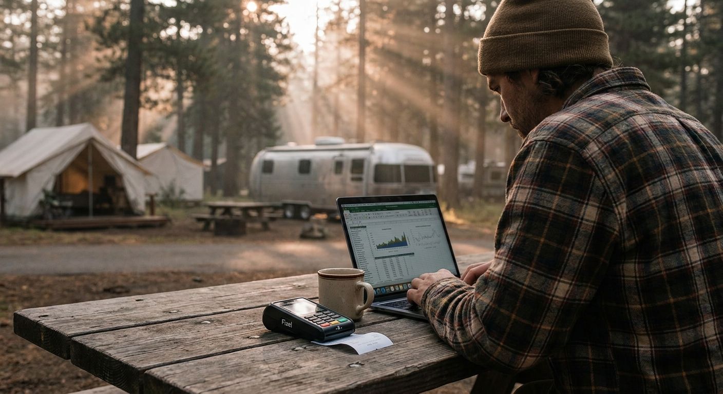 A campground owner reviewing monthly business reports on a laptop at a picnic table overlooking the campground in morning light