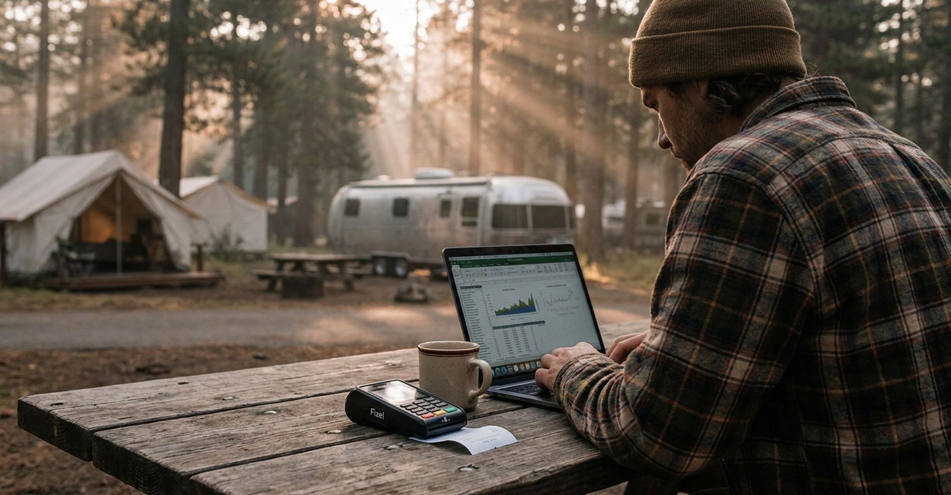 A campground owner reviewing monthly business reports on a laptop at a picnic table overlooking the campground in morning light