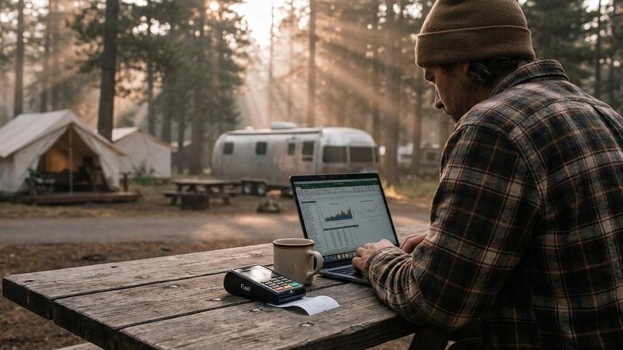 A campground owner reviewing monthly business reports on a laptop at a picnic table overlooking the campground in morning light