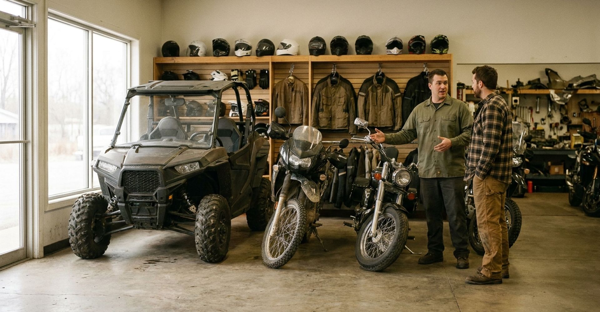 Salesperson talking with a customer beside a side-by-side UTV on a powersports dealership showroom floor
