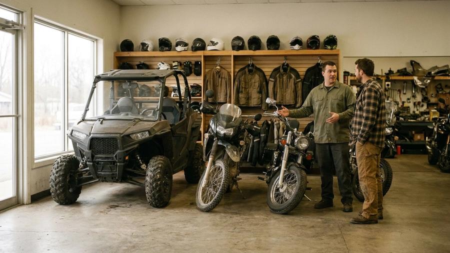 Salesperson talking with a customer beside a side-by-side UTV on a powersports dealership showroom floor