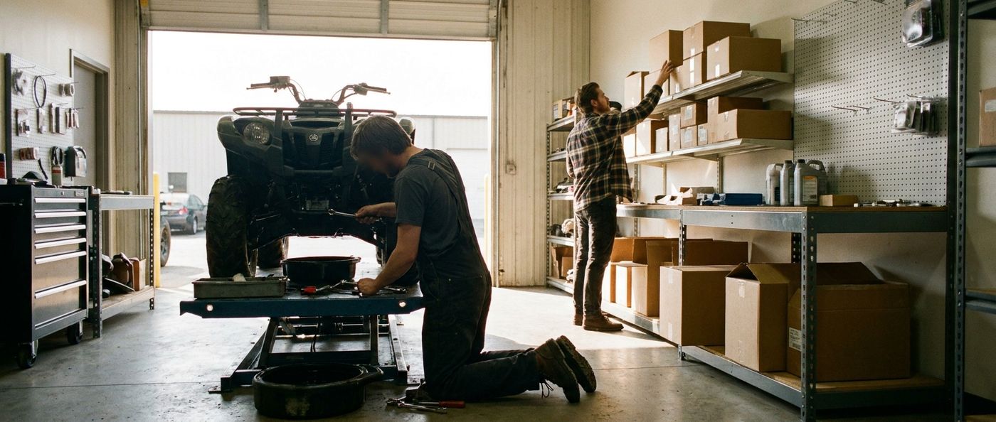 A service technician and a parts counter employee working inside a powersports dealership