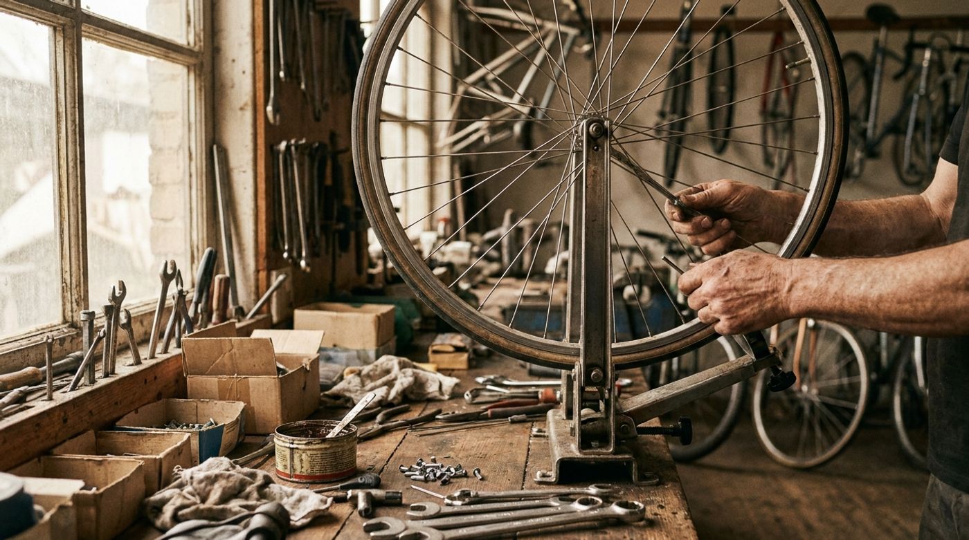 A mechanic truing a wheel at a workbench inside an independent bike shop