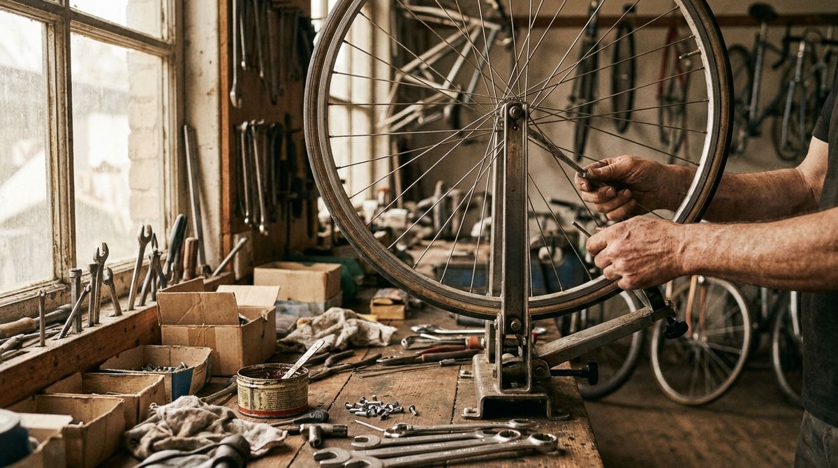 A mechanic truing a wheel at a workbench inside an independent bike shop