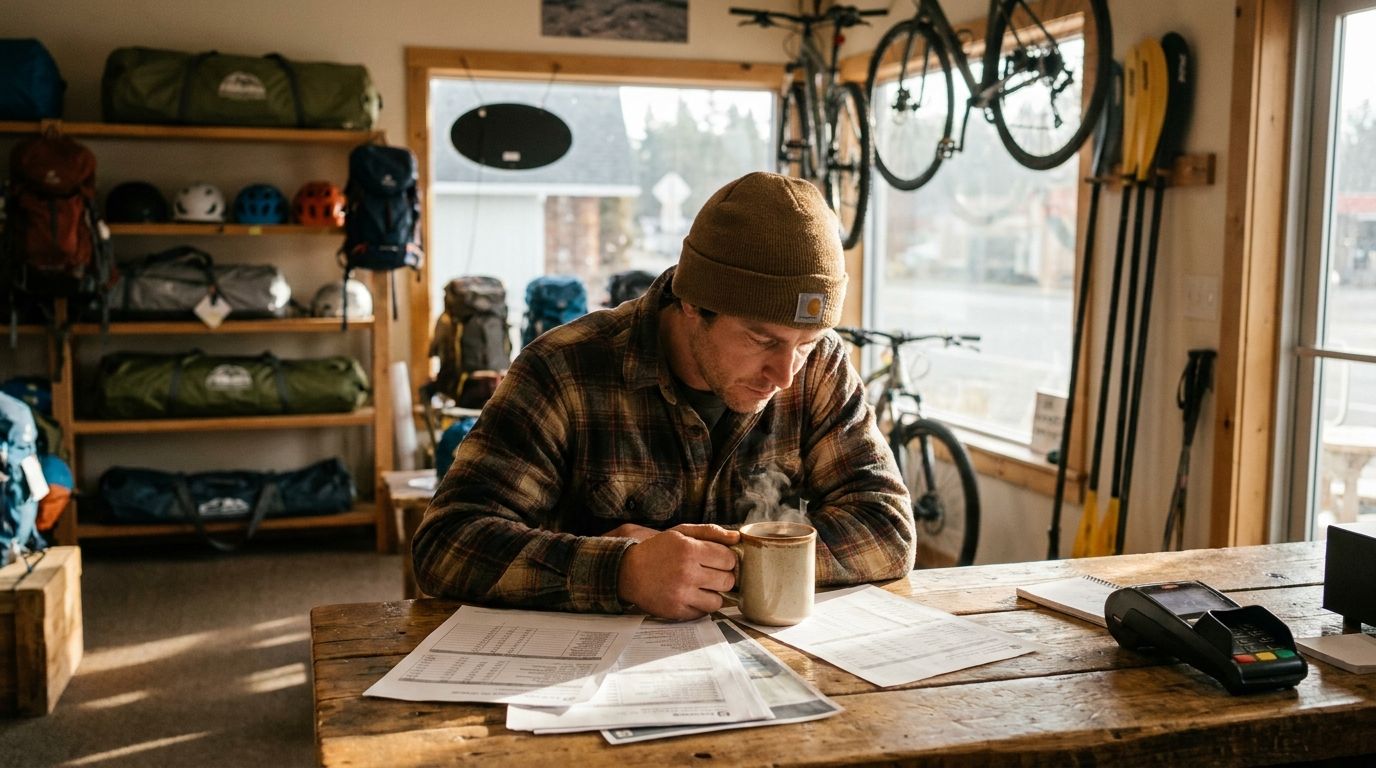 The owner of an independent outdoor business reviewing payment reports over coffee before opening for the day