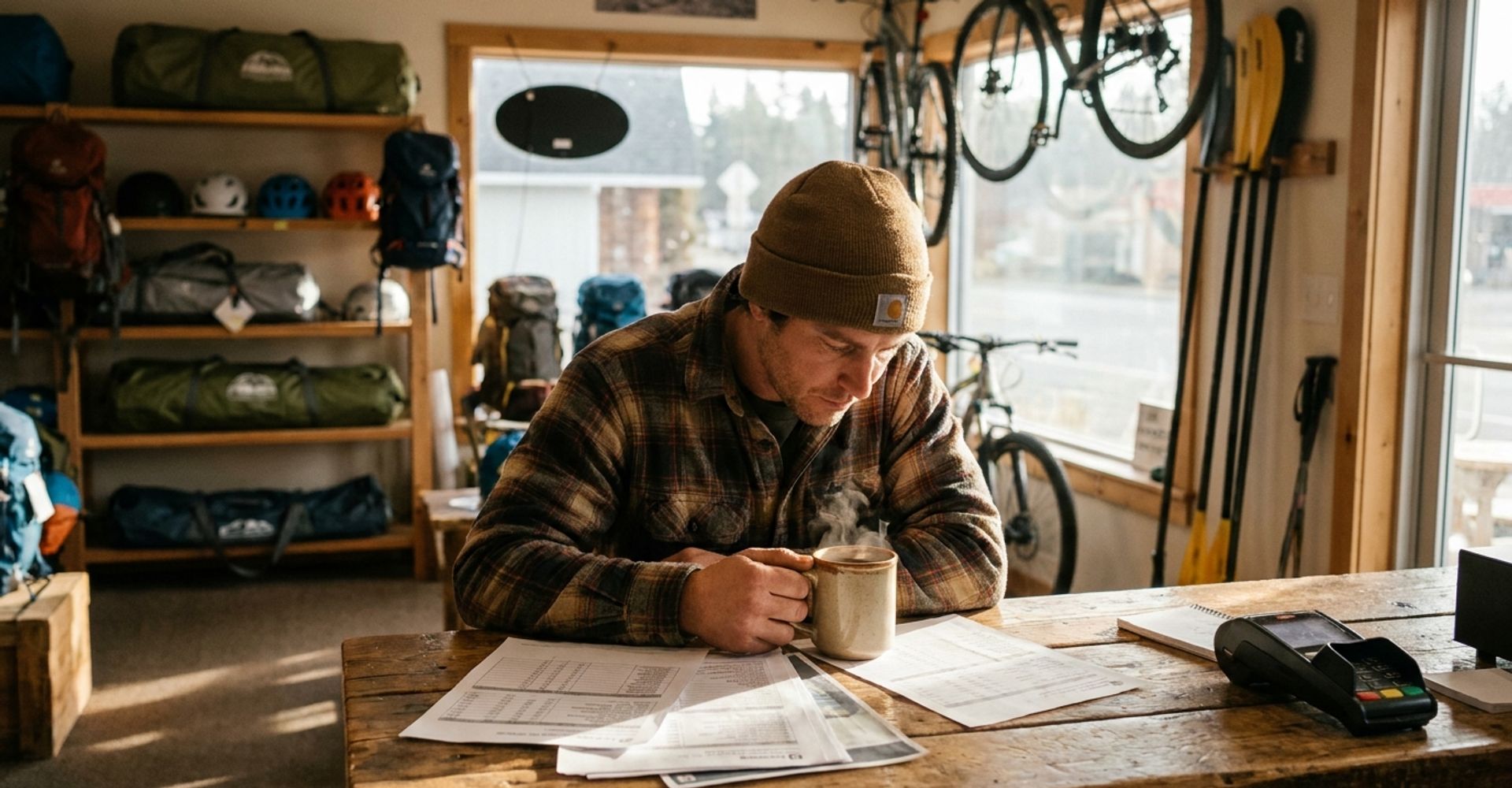 The owner of an independent outdoor business reviewing payment reports over coffee before opening for the day