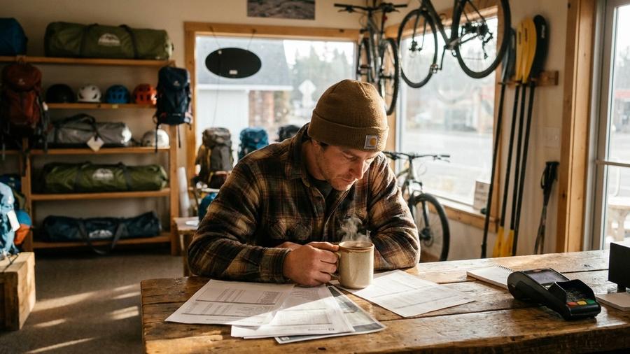 The owner of an independent outdoor business reviewing payment reports over coffee before opening for the day