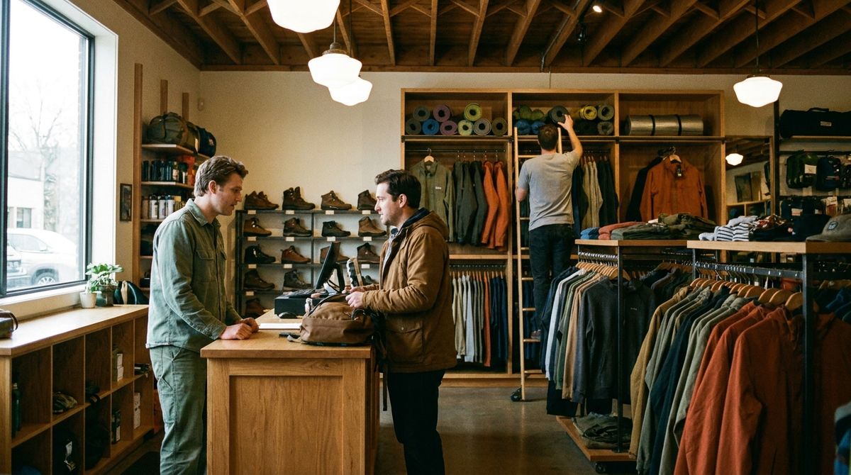 An independent outdoor gear shop owner working behind the counter in warm morning light
