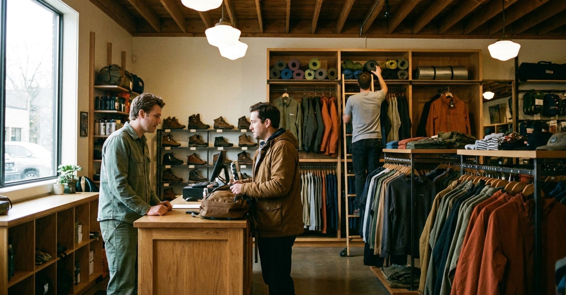 Staff working the floor of a busy independent outdoor specialty retailer