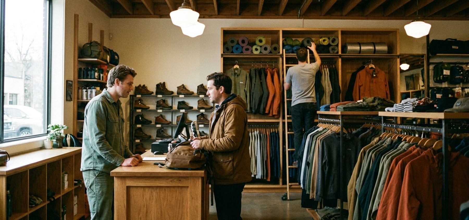Staff working the floor of a busy independent outdoor specialty retailer