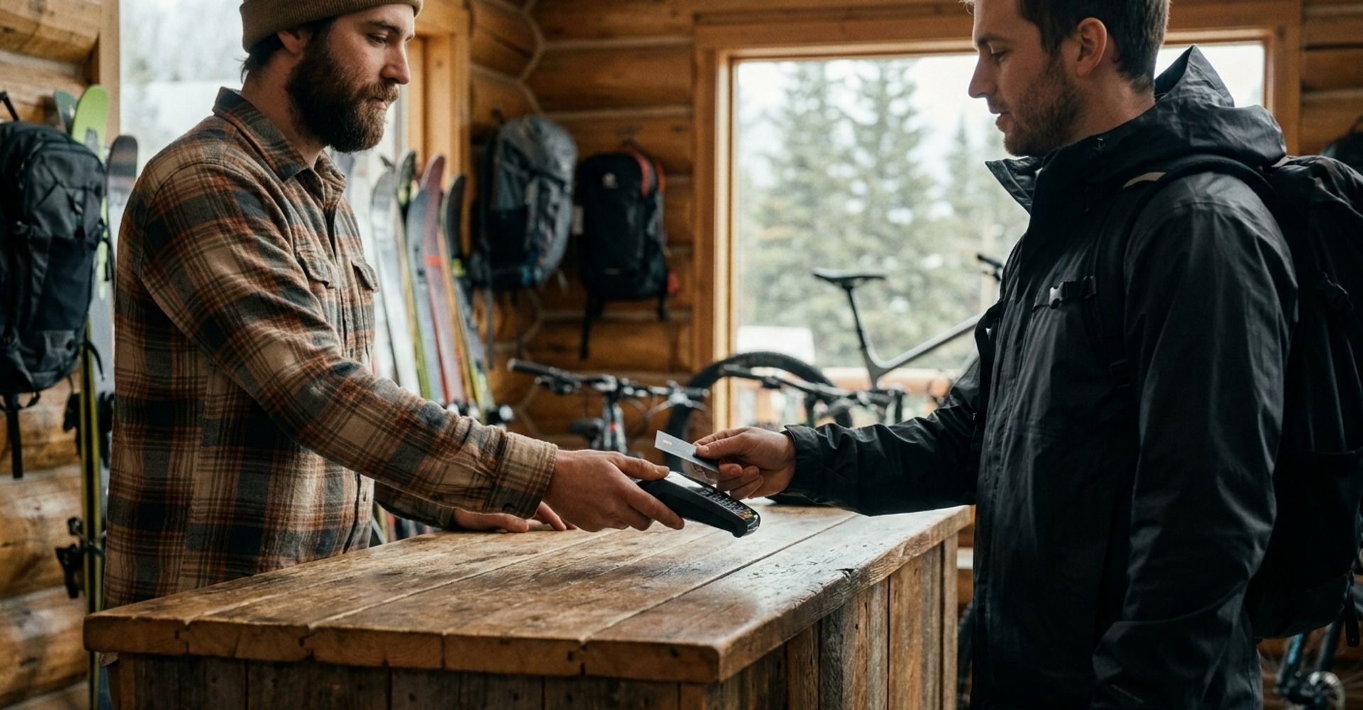 A shop employee hands a card payment terminal across the counter of a mountain outdoor gear and bike shop