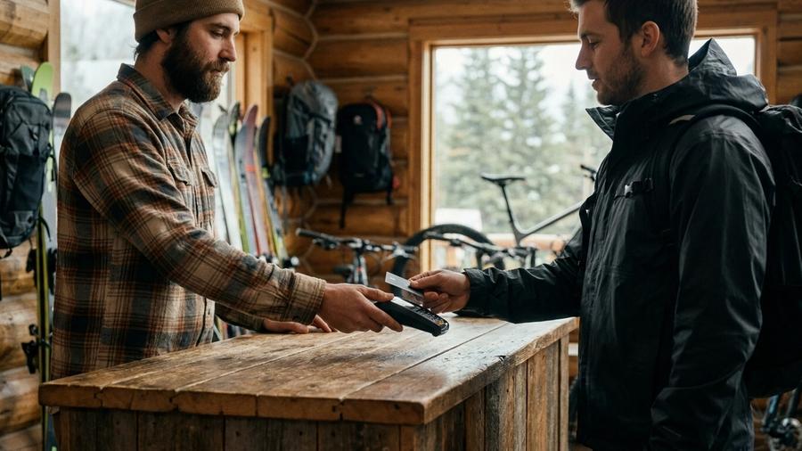 A shop employee hands a card payment terminal across the counter of a mountain outdoor gear and bike shop
