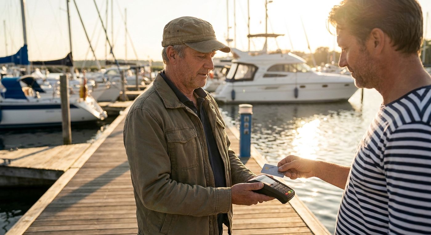 A marina manager accepting payment with a wireless terminal on a dock during a busy summer afternoon