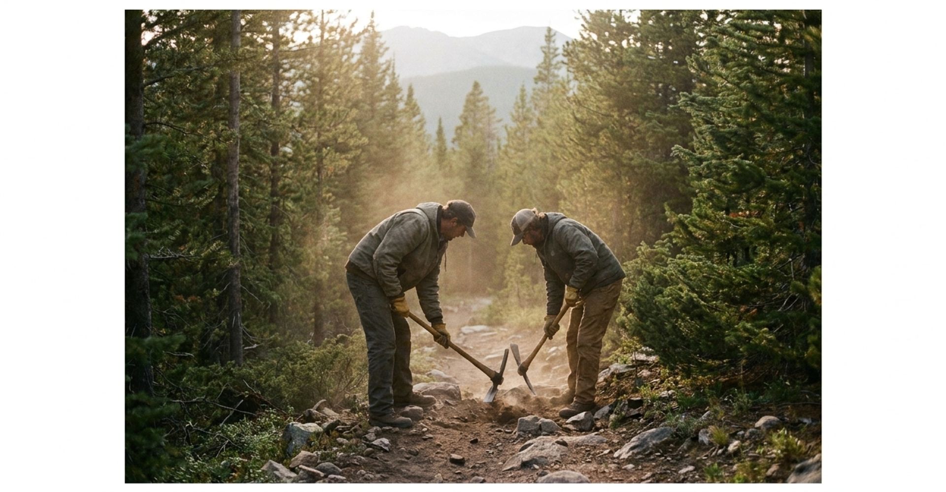 A volunteer trail crew shaping mountain singletrack with hand tools in late afternoon light