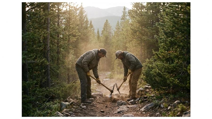 A volunteer trail crew shaping mountain singletrack with hand tools in late afternoon light